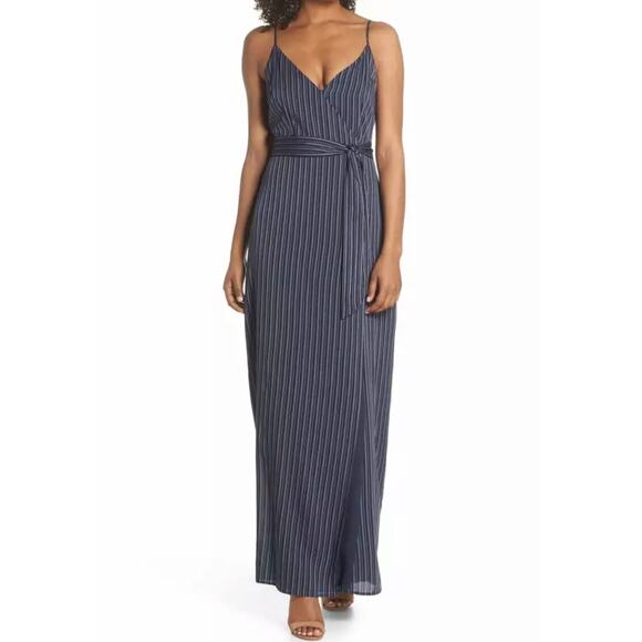 New Paige Regina Wrap Style Blue Stiped Maxi Dress | Large - Picture 1 of 9